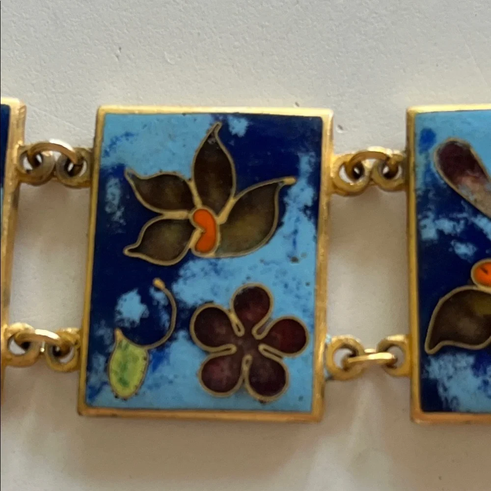 Vintage panel enamel cloisonné turquoise blue gold bracelet - Picture 5 of 17